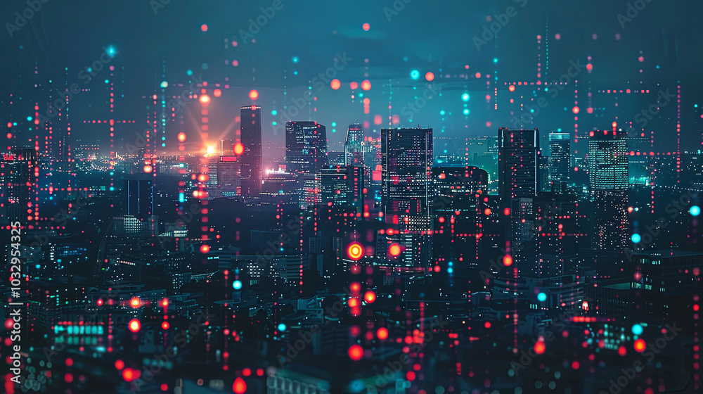Obraz premium Minimalist digital cityscape featuring AI data lines overlaying modern buildings, illustrating the integration of artificial intelligence in shaping future urban environment