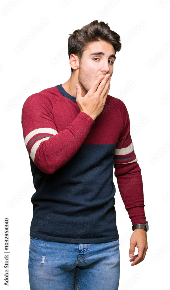 Young handsome man over isolated background bored yawning tired covering mouth with hand. Restless and sleepiness. Young handsome man over isolated background bored yawning tired covering mouth with hand. Restless and sleepiness.