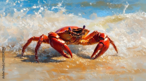 Vibrant Crab on Sandy Beach with Waves photo