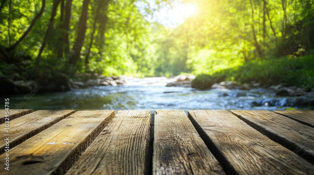 Tranquil Forest Stream with Wooden Plank Deck Tranquil Forest Stream with Wooden Plank Deck