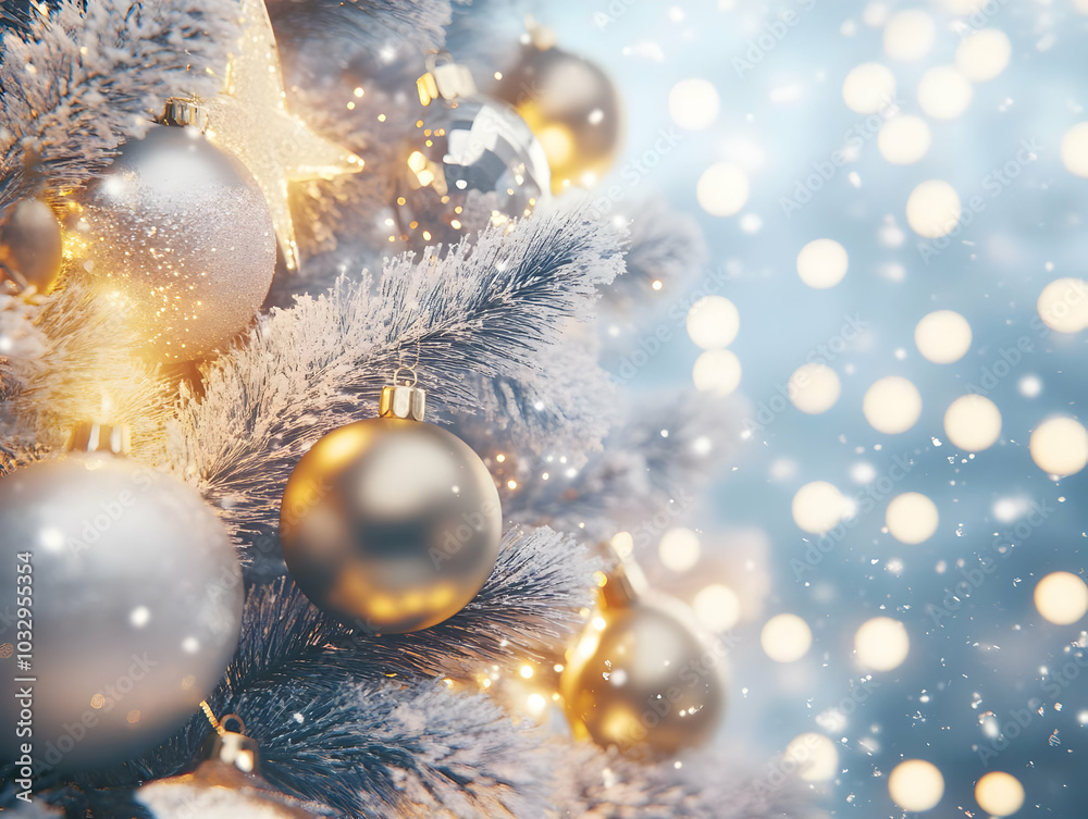 A festive close-up of a decorated Christmas tree with ornaments and lights. A festive close-up of a decorated Christmas tree with ornaments and lights.