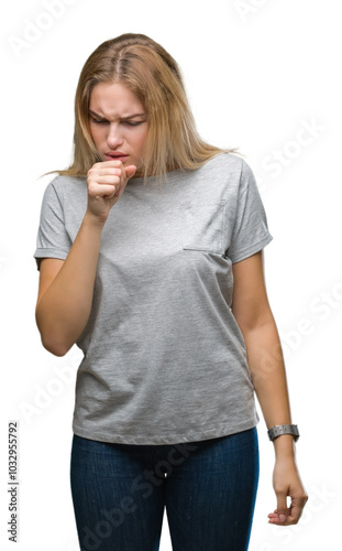 Young caucasian woman over isolated background feeling unwell and coughing as symptom for cold or bronchitis. Healthcare concept.