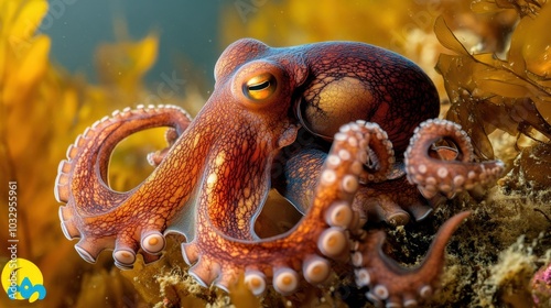 Bright Octopus Among Seaweed in Ocean Depths