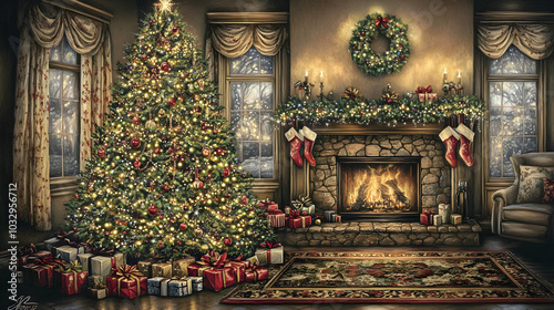 A cozy holiday scene featuring a decorated Christmas tree, fireplace, and festive decorations.