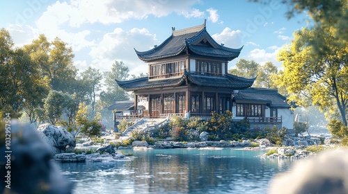 Chinese-style building, close-up view of the house, with a small river in front of house and blue sky.