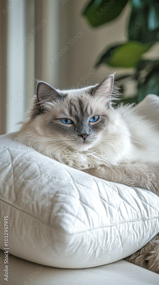 Fototapeta premium Serenity in Blue: A Ragdoll Cat's Leisurely Afternoon