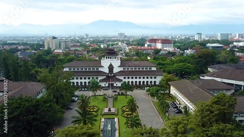Aerial View of Bandung city with Gedung Sate an Old Historical European Dutch Colonial Governor Building in Bandung, Icon of West Java, Indonesia, Asia.