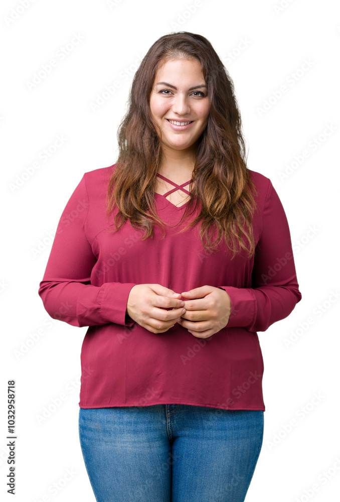 Beautiful plus size young woman over isolated background Hands together and fingers crossed smiling relaxed and cheerful. Success and optimistic Beautiful plus size young woman over isolated background Hands together and fingers crossed smiling relaxed and cheerful. Success and optimistic