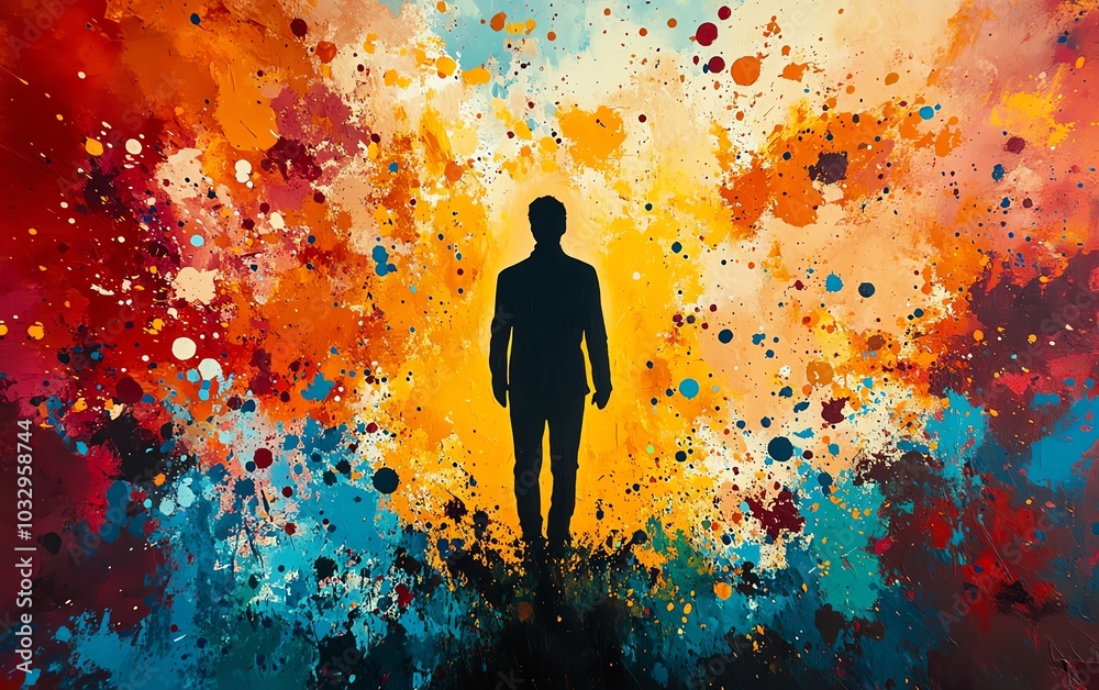 A striking silhouette of a man amidst dynamic paint splatters, reflecting the turmoil and beauty of mental health in an expressive and colorful way A striking silhouette of a man amidst dynamic paint splatters, reflecting the turmoil and beauty of mental health in an expressive and colorful way