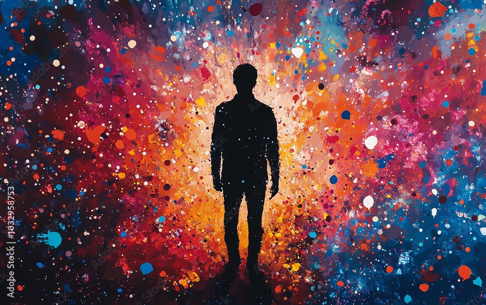 A striking silhouette of a man amidst dynamic paint splatters, reflecting the turmoil and beauty of mental health in an expressive and colorful way A striking silhouette of a man amidst dynamic paint splatters, reflecting the turmoil and beauty of mental health in an expressive and colorful way