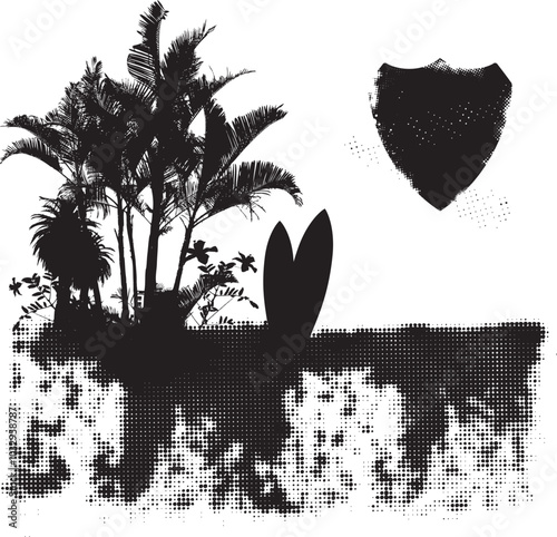 surf halftone scene with palms table and hibiscus