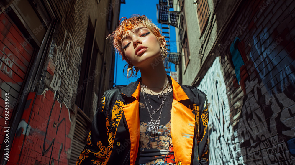 Obraz premium Young woman with vibrant hair poses confidently in an urban alley adorned with street art on a sunny day