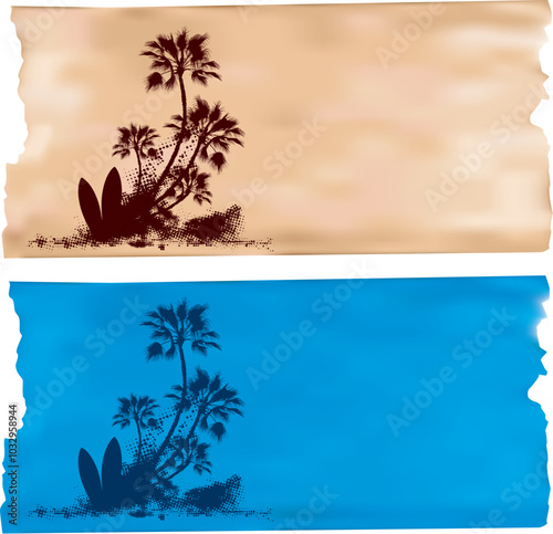 surf horizontal banner with palms and two tables photo