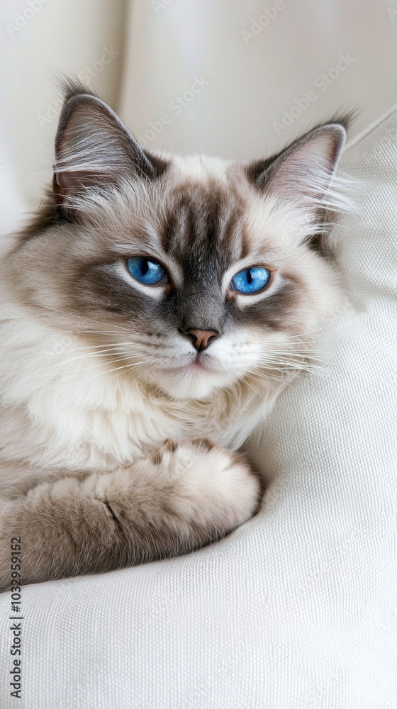 Fototapeta premium Serenity in Blue: A Ragdoll Cat's Leisurely Afternoon