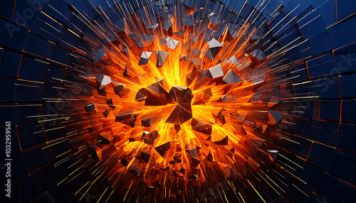 Abstract geometric background. Explosion power design with crushing surface. 3d illustration