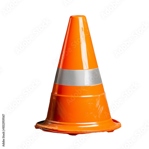 Bright orange traffic cone with reflective stripe for road safety photo