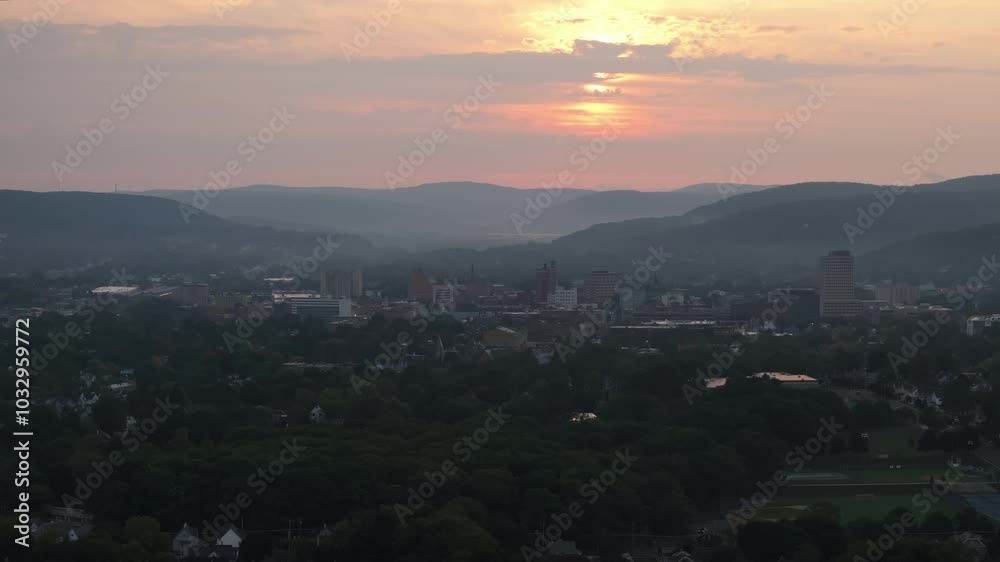 Drone shot of Binghamton, New York at sunrise Drone shot of Binghamton, New York at sunrise