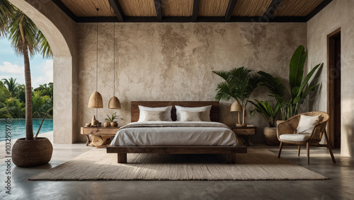 Tulum style summer bedroom with textured plastering on the walls and exotic palm trees
