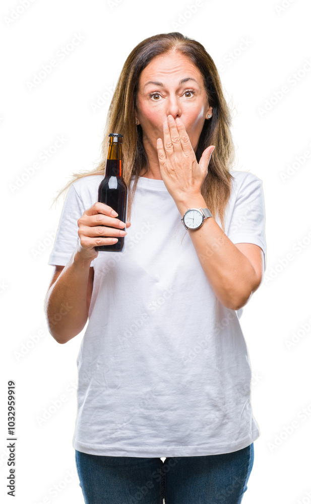 Middle age hispanic woman drinking beer over isolated background cover mouth with hand shocked with shame for mistake, expression of fear, scared in silence, secret concept Middle age hispanic woman drinking beer over isolated background cover mouth with hand shocked with shame for mistake, expression of fear, scared in silence, secret concept