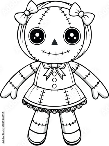 Halloween ragdoll with cute bows, perfect for childrens spooky coloring pages