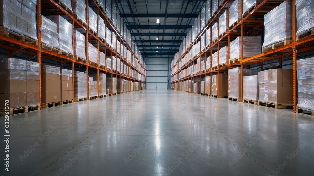 A spacious warehouse aisle lined with tall shelves filled with stacked boxes, featuring smooth concrete flooring and high ceilings. A spacious warehouse aisle lined with tall shelves filled with stacked boxes, featuring smooth concrete flooring and high ceilings.