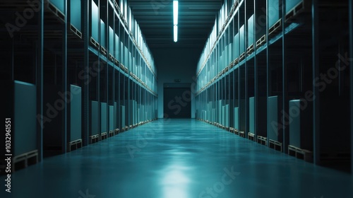 A dimly lit corridor in a storage facility, lined with shelves on either side, creating a mysterious and industrial atmosphere.