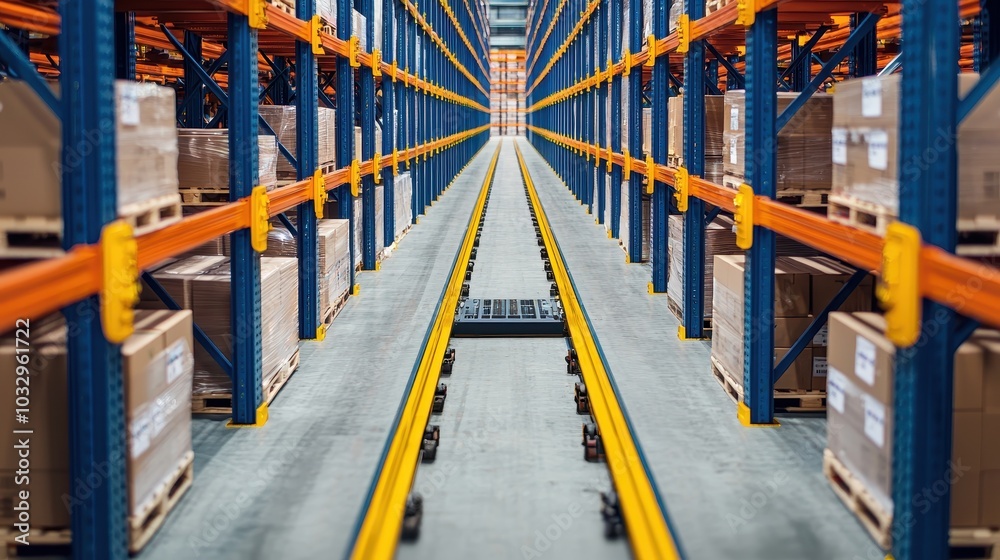 Fototapeta premium A warehouse interior featuring organized shelving with boxes and a clear path for material handling equipment.