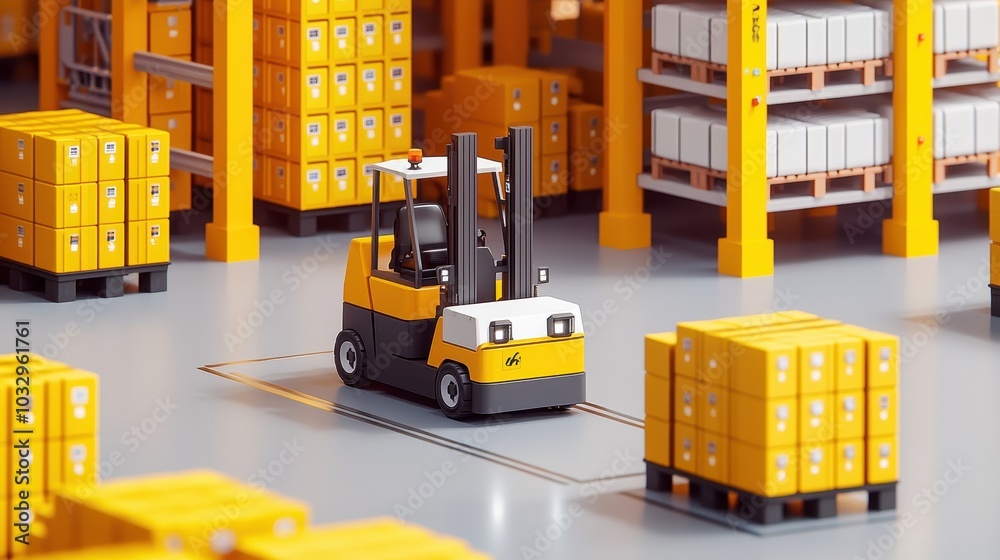 Naklejka premium A small forklift moves through a vibrant warehouse, surrounded by bright yellow boxes stacked neatly on shelves and pallets.