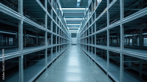 Wallpaper Mural A spacious and clean storage area featuring metal shelving units, illuminated by bright lights, creating an organized, industrial atmosphere. Torontodigital.ca