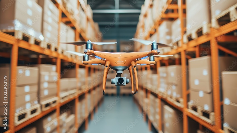 A drone hovers in a warehouse, surrounded by stacked cardboard boxes on shelves, showcasing modern logistics and inventory management. A drone hovers in a warehouse, surrounded by stacked cardboard boxes on shelves, showcasing modern logistics and inventory management.