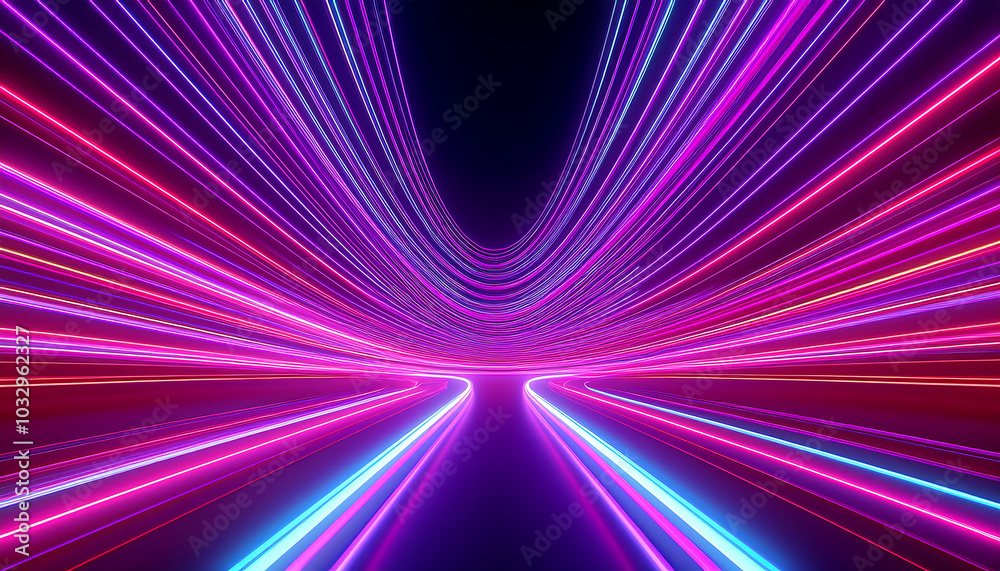 3d render, abstract panoramic neon background. Bright purple violet pink lines glowing 3d render, abstract panoramic neon background. Bright purple violet pink lines glowing