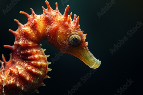 Mystic portrait of Big-belly Seahorse, copy space on right side, Close-up View, isolated on black background photo