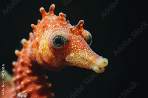 Mystic portrait of Big-belly Seahorse, copy space on right side, Close-up View, isolated on black background photo
