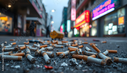 Cigarette butts on the street. Pollution of the environment and neglect of garbage. Urban environment and education isolated with white highlights, png