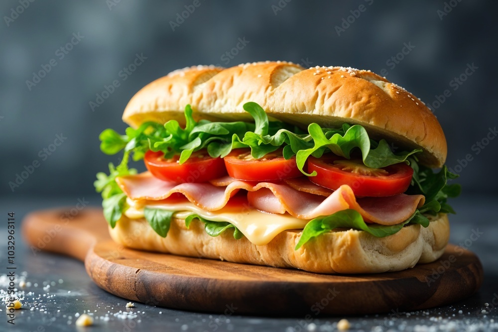 A delicious sandwich with ham, lettuce, and tomatoes on a wooden board.