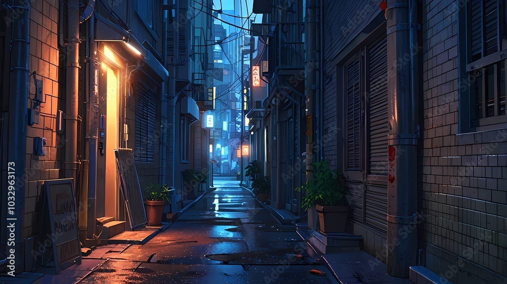 Narrow urban alley at night with lights, style anime Narrow urban alley at night with lights, style anime
