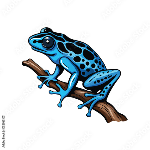 A detailed vector illustration of a blue and black poison dart frog sitting on a branch.