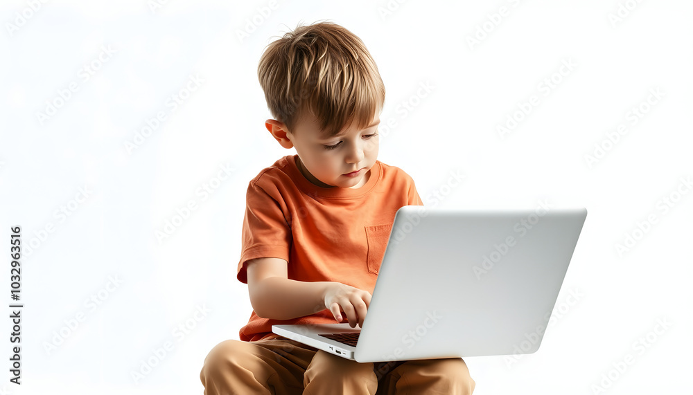 Children bad incorrect sitting posture. Boy using laptop computer isolated with white highlights, png Children bad incorrect sitting posture. Boy using laptop computer isolated with white highlights, png
