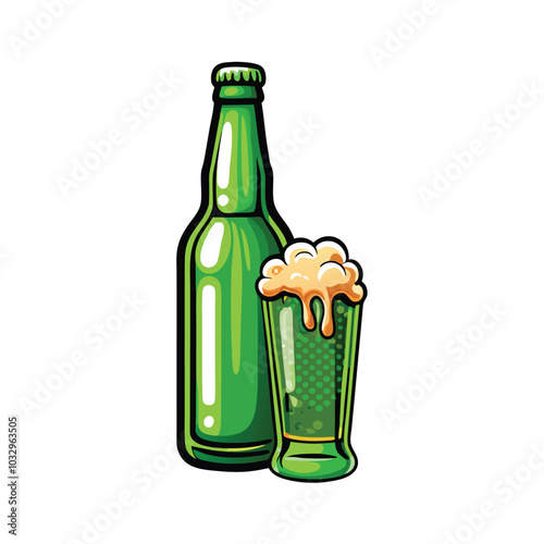 A detailed vector illustration of a green beer bottle with foam, next to a glass of beer with foam.