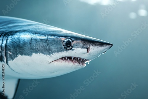 Mystic portrait of Mako Shark in studio, copy space on right side, Close-up View, isolated on white background photo