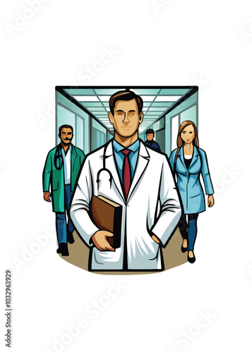 A doctor in a white coat standing in a hospital hallway.