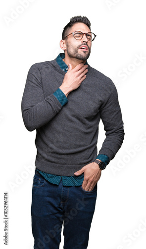 Young handsome man wearing glasses over isolated background Touching painful neck, sore throat for flu, clod and infection