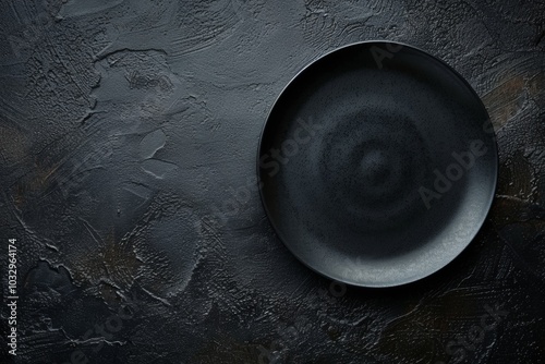 Empty round black plate on dark moody black background with copy space. Overhead view photo