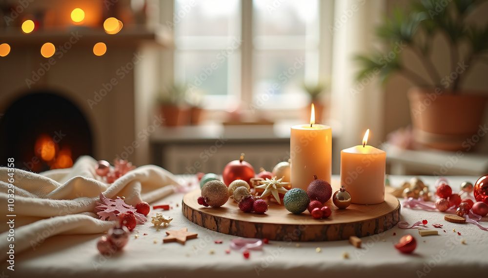 Festive Candles and Christmas Ornaments on Table Festive Candles and Christmas Ornaments on Table