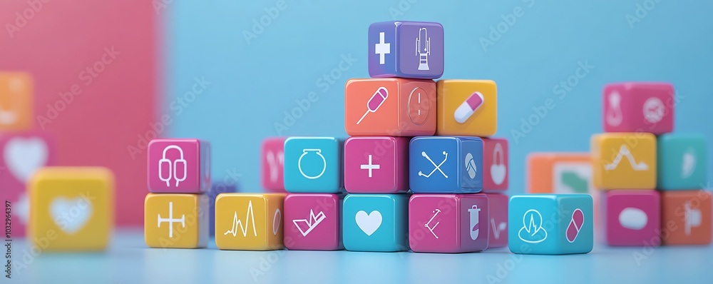 Medicalthemed blocks stacked together, symbolizing the building blocks of health, featuring icons for wellness, medicine, and diagnostics Medicalthemed blocks stacked together, symbolizing the building blocks of health, featuring icons for wellness, medicine, and diagnostics