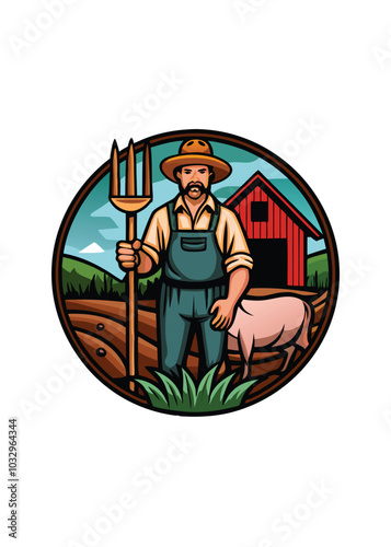 A farmer standing in a field, holding a pitchfork with a red barn and a pig in the background.