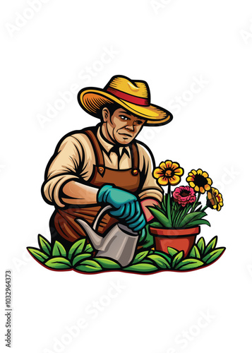 A gardener in overalls and a straw hat plants flowers in a garden.