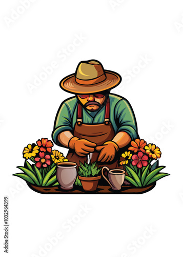 A gardener wearing gloves plants flowers in a garden.