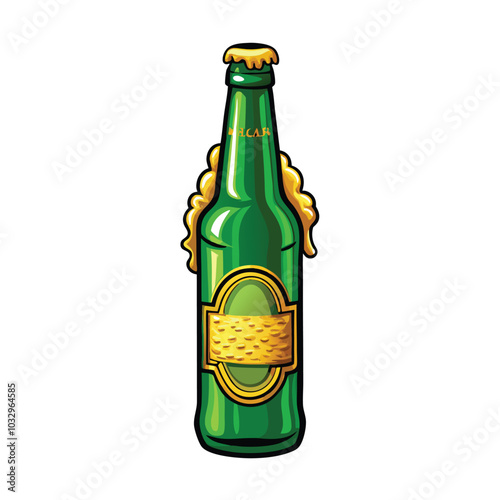 A green beer bottle with a golden label and foam on top.