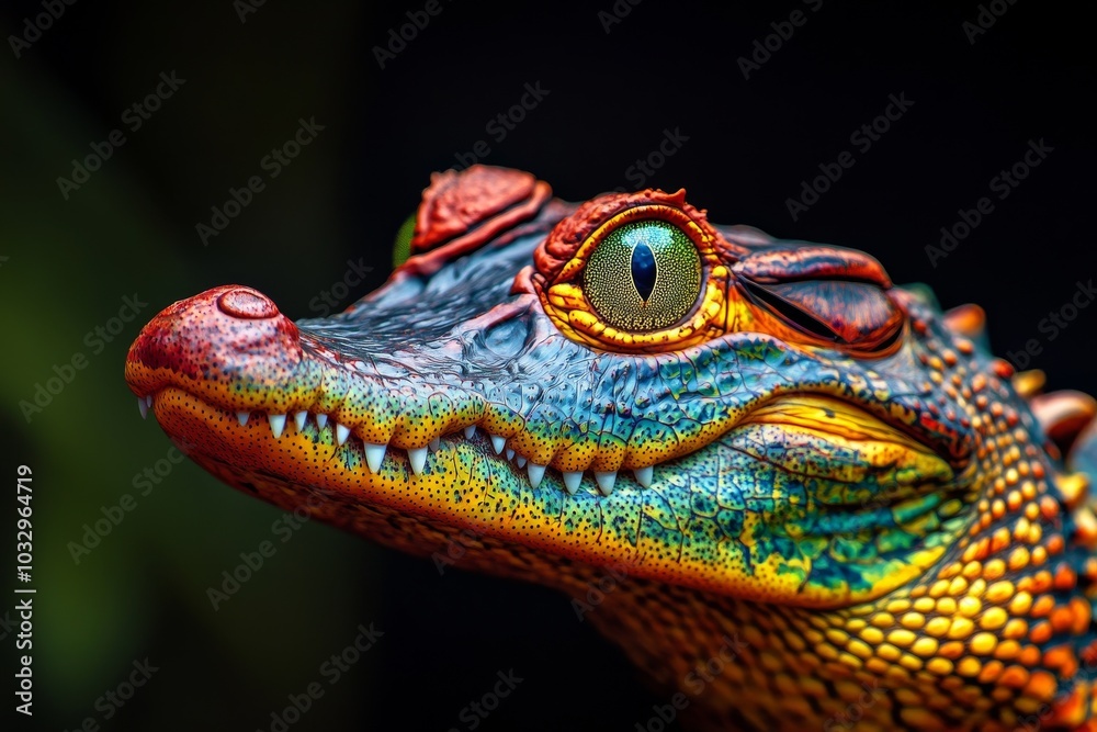 Obraz premium Mystic portrait of Saltwater Crocodile, copy space on right side, Close-up View, isolated on black background